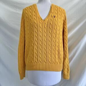 Ralph Lauren Sport Yellow Cable Knit V-Neck Sweater Size XL Cotton Preppy